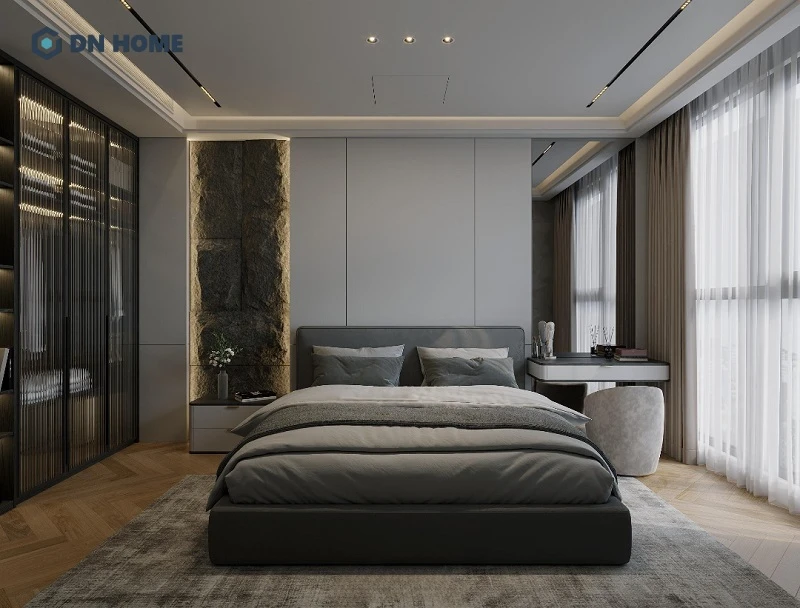 Thiết kế loại bỏ những món đồ không cần thiết và tập trung vào việc làm nổi bật vật dụng cơ bản như tủ quần áo lớn, giường ngủ,...