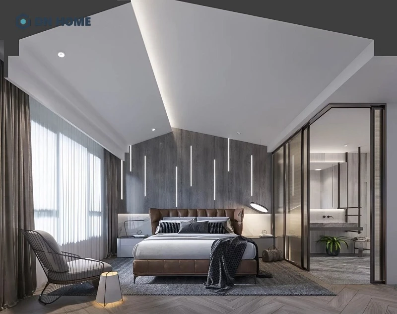 Phòng ngủ 15m2 khép kín đầy tiện nghi với hệ trần thiết kế độc đáo, tạo điểm nhấn riêng biệt cho không gian