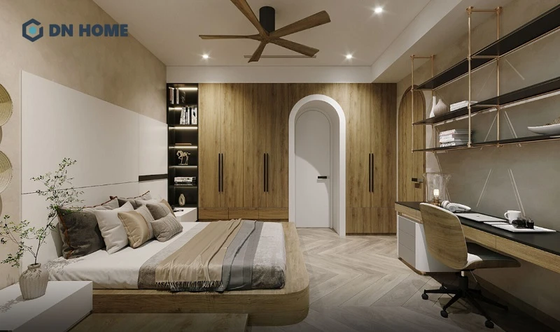Mẫu phòng ngủ 15m2 đầy đủ tiện nghi, sử dụng phần lớn vật liệu gỗ tự nhiên sáng màu giúp không gian thêm phần ấm cúng