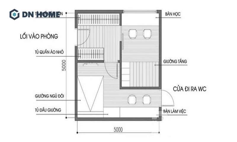 Bản vẽ thiết kế phòng ngủ với diện tích 15m2 dành cho 2 bé
