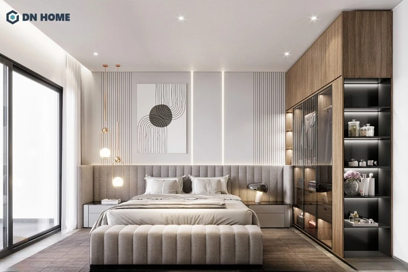 Phòng ngủ 15m2 thiết kế theo phong cách hiện đại với đường nét vuông vắn, gọn gàng