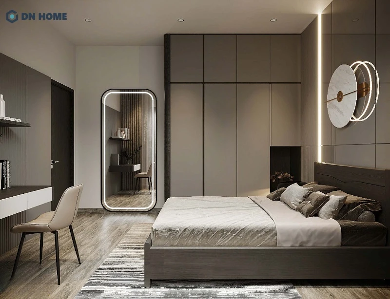 Sự kết hợp giữa các món nội thất có đường nét vuông vắn và đèn LED trang trí tạo nên tổng thể phòng ngủ hiện đại tinh tế