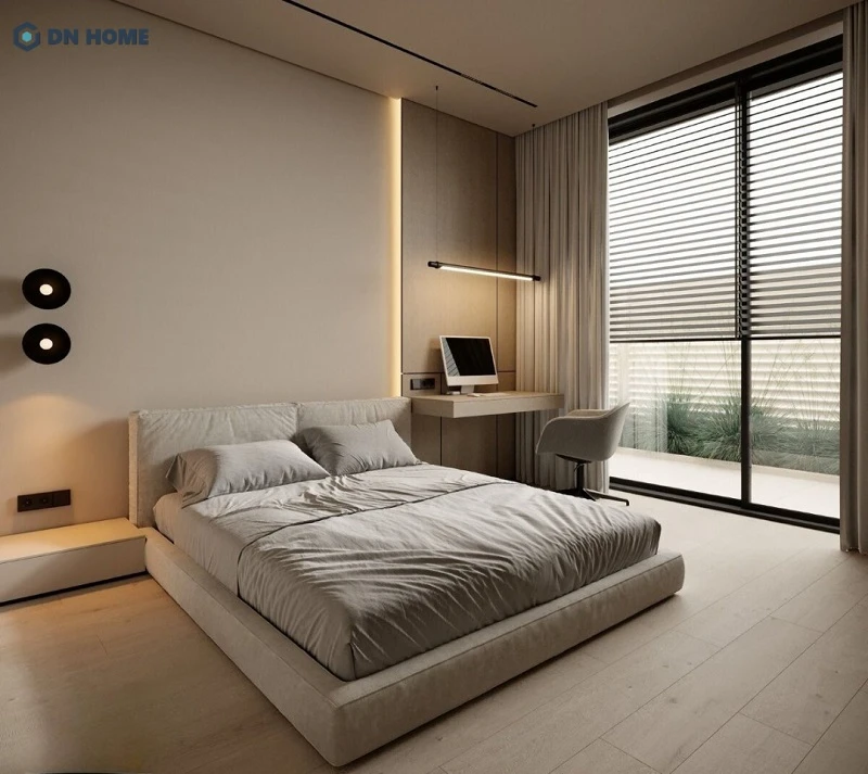 Bảng màu trắng xám dịu nhẹ, kết hợp trang trí đèn LED vàng và sàn gỗ tạo nên không gian phòng ngủ 15m2 ấm cúng