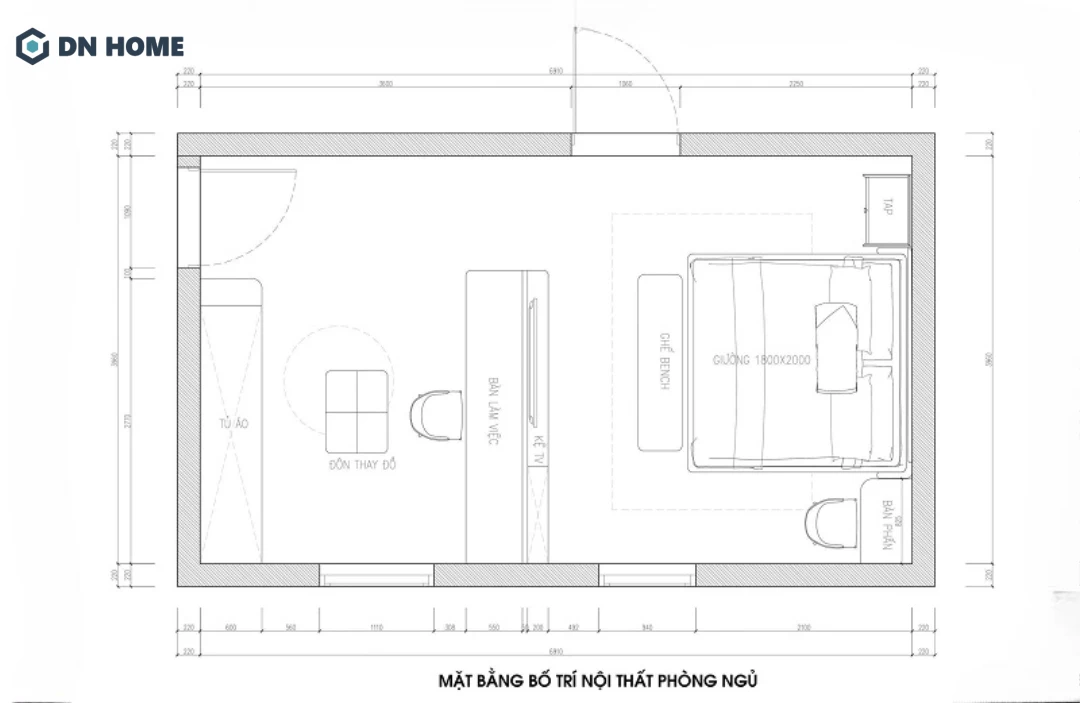 Bản vẽ mặt bằng bố trí nội thất phòng ngủ 15m2 đầy đủ tiện nghi