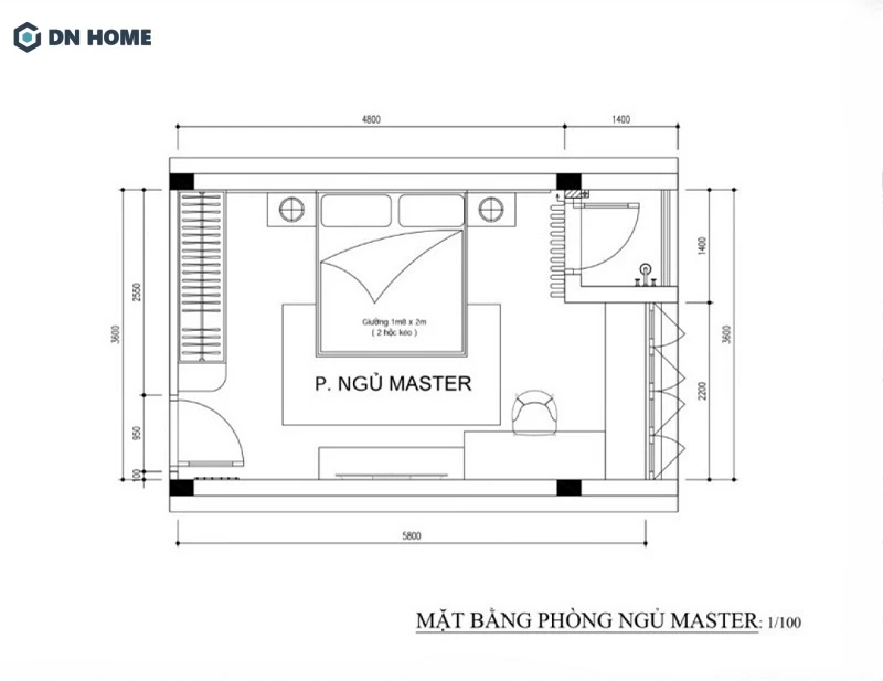 Bản vẽ mặt bằng phòng ngủ master có diện tích 15m2