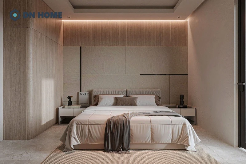 Phòng ngủ 15m2 cho nữ với thiết kế hiện đại, sử dụng đèn LED âm trần giúp đem lại sự dễ chịu hơn khi ngủ
