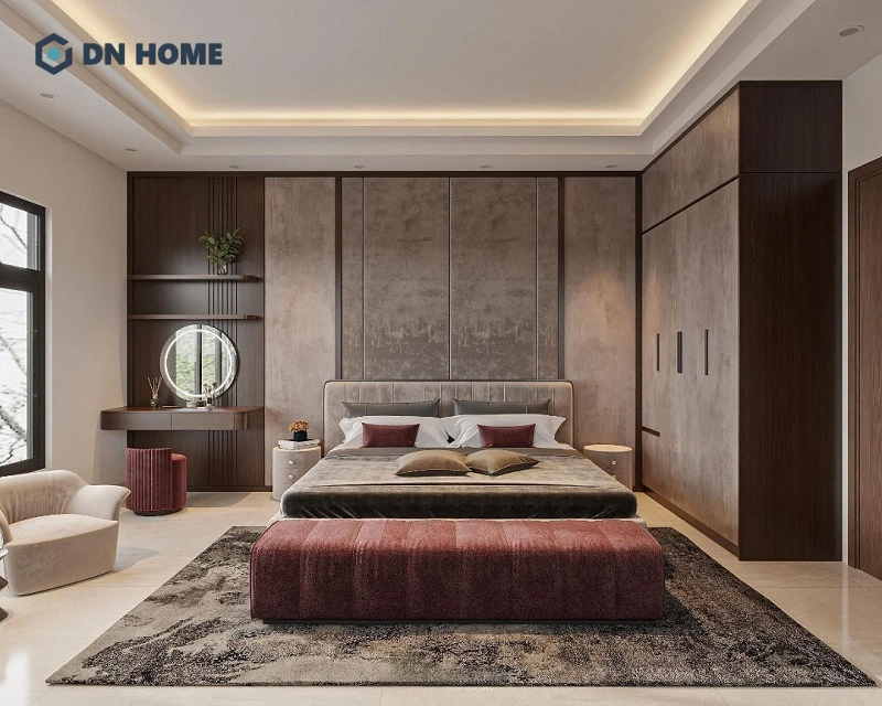 Mẫu phòng ngủ 15m2 dành cho nữ với thiết kế sang trọng, sử dụng tủ cao kịch trần giúp tăng gấp đôi diện tích lưu trữ đồ dùng