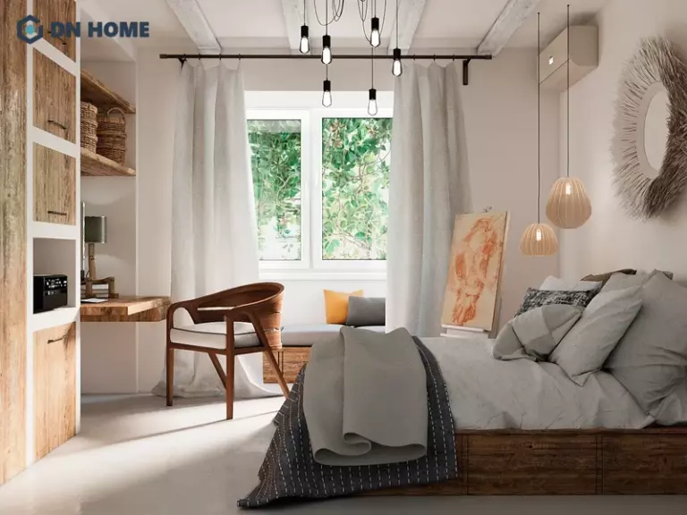 Thiết kế cửa sổ lớn kết hợp rèm mỏng tạo hiệu ứng mờ ảo