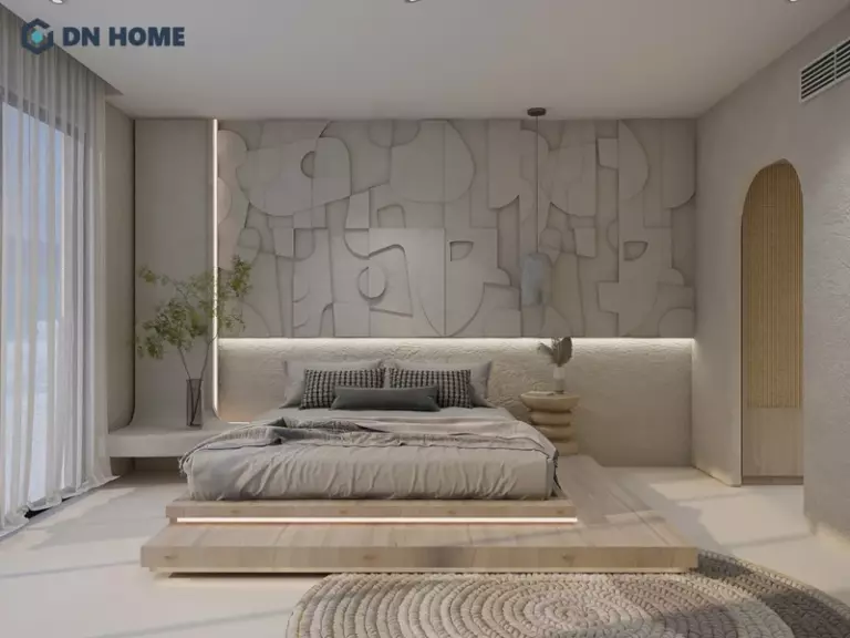 Kết hợp vật liệu hài hòa mang tới không gian ấm áp cho phòng ngủ