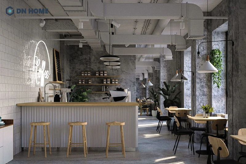 Trần lộ đường dẫn ống nước, điện là đặc trưng của quán cafe phong cách Scandinavian kết hợp Industrial