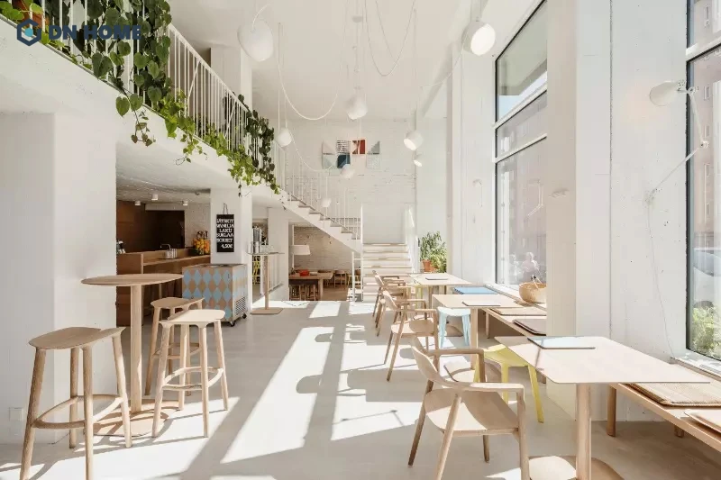 Không gian rộng thoáng, thoải mái bên trong quán cafe phong cách Scandinavian