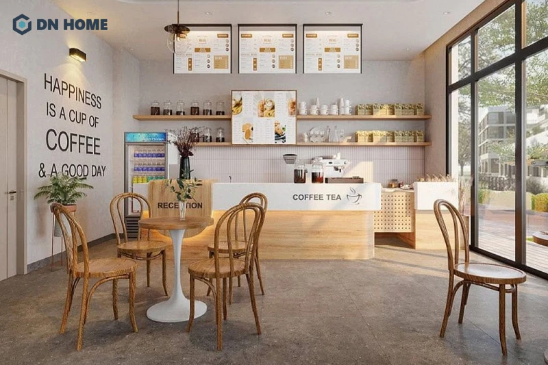 Gam màu xám trung tính trầm được sử dụng để lát nền trong quán cafe Scandinavian