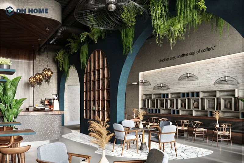 Có thể tận dụng mảng tường hoặc trần nhà để bố trí cây xanh, giải phóng diện tích sàn quán cafe Scandinavian