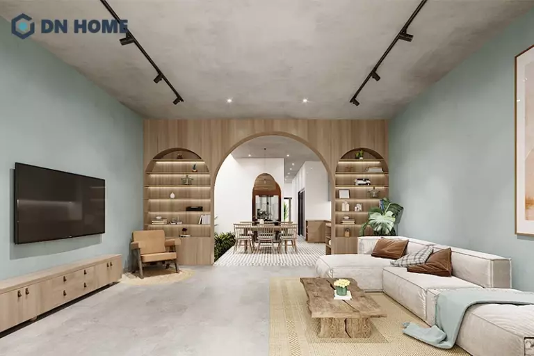 Trần nhà bằng xi măng thường kết hợp với đèn để tạo điểm nhấn thị giác