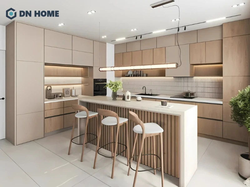 Kích thước tủ bếp hình chữ L cần được tính toán phù hợp với diện tích thực tế để đảm bảo sự hài hòa