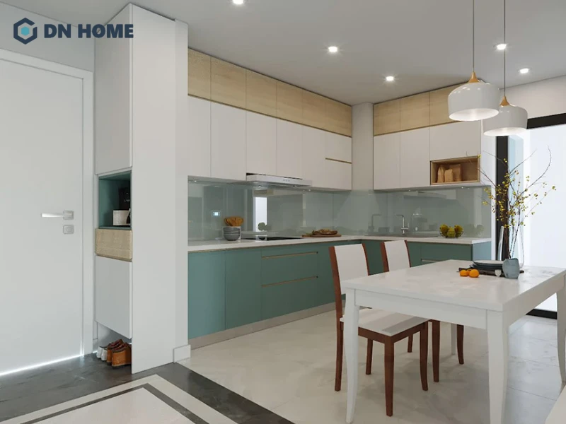 Giá tủ bếp hình chữ L được tính theo mét dài hai cạnh và trừ phần góc giao nhau để đảm bảo tính chính xác