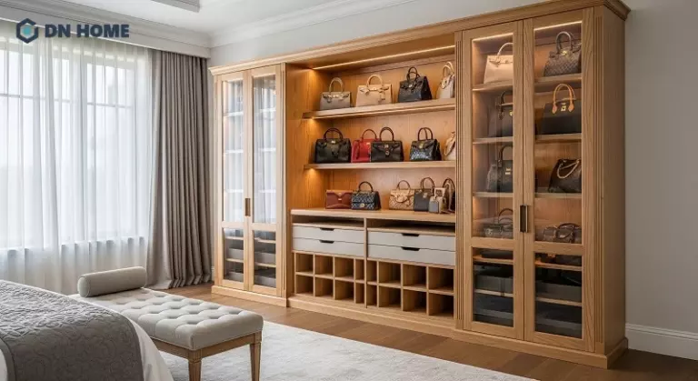 Tủ đựng túi xách trong phòng ngủ làm từ chất liệu gỗ