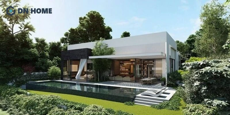 Biệt thự một tầng thiết kế đón nắng tự nhiên thường sử dụng vật liệu kính