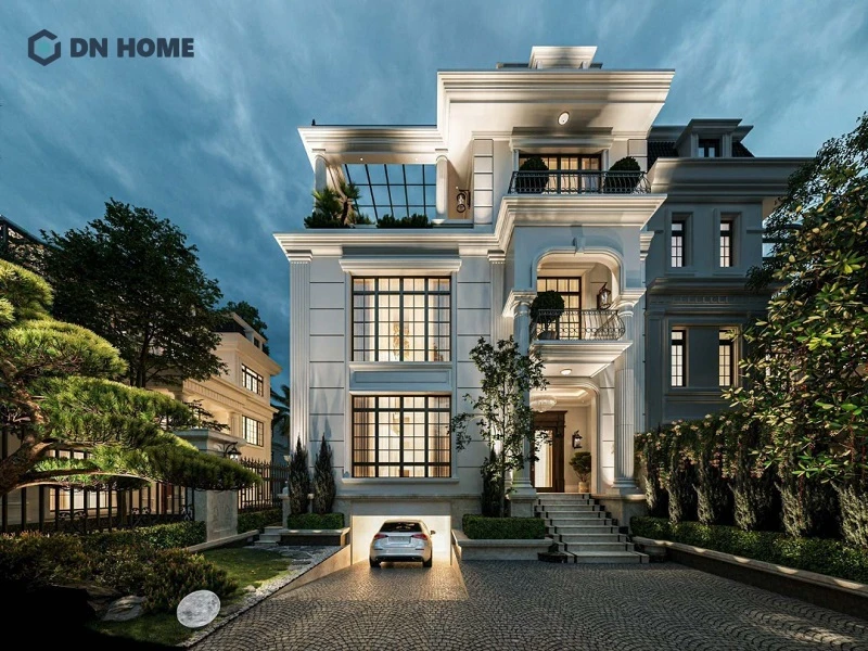 Mẫu biệt thự 3 tầng phong cách hiện đại mái bằng đẹp, sang trọng khi về đêm