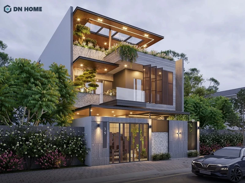 Mẫu biệt thự 3 tầng mái bằng nổi bật với các đường nét hình học hiện đại