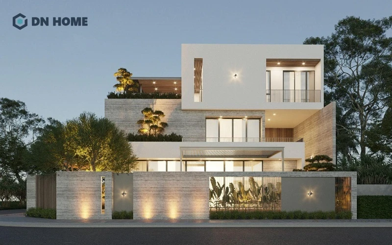 Thiết kế biệt thự 3 tầng phong cách hiện đại mái bằng với màu sắc trung tính trang nhã, sang trọng