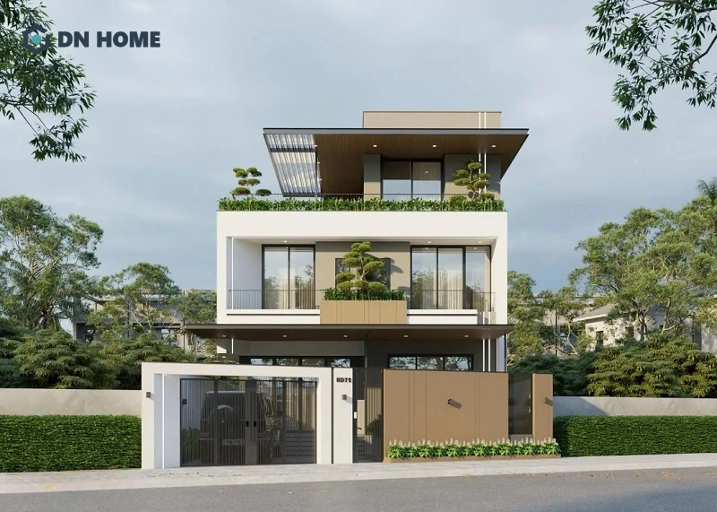 Mẫu biệt thự 3 tầng hiện đại nổi bật với mảng xanh được lồng ghép khéo léo