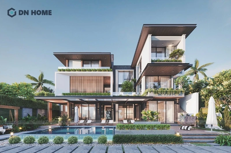 Biệt thự biển 3 tầng có hồ bơi, giúp không gian sống trở thành khu nghỉ dưỡng, thư giãn riêng tư