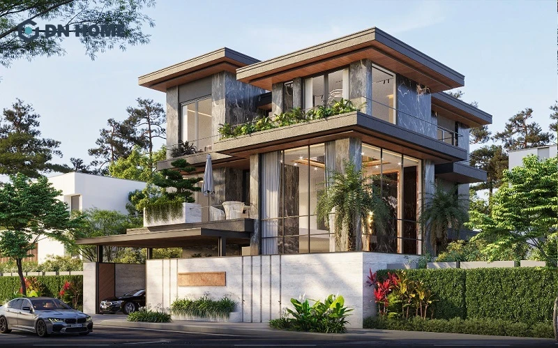 Mẫu biệt thự 3 tầng phong cách hiện đại mái bằng gần biển với các hình khối ấn tượng