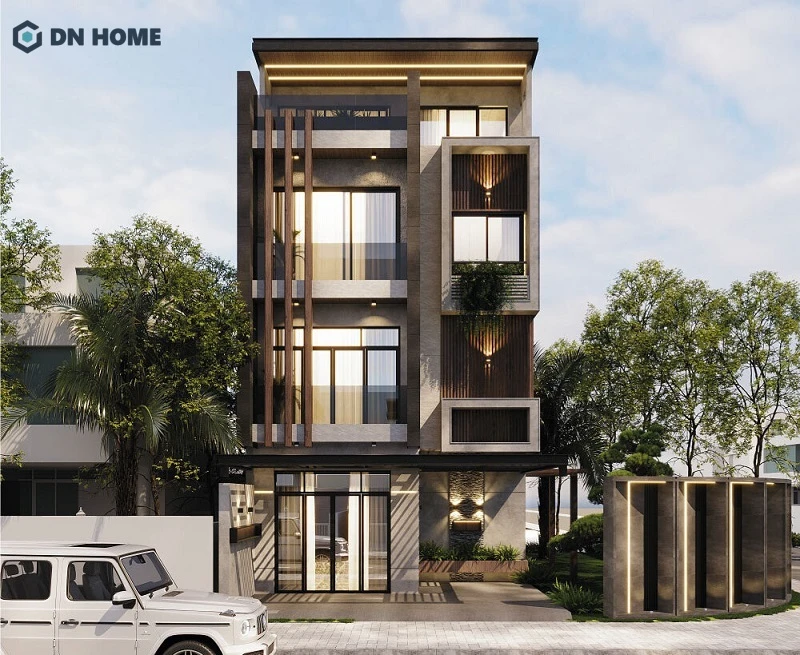 Mẫu biệt thự với mặt tiền 8m thiết kế theo phong cách hiện đại, nổi bật với đường nét vuông vắn, gọn gàng