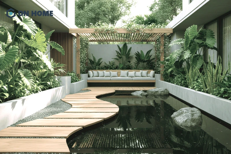 Chất liệu gỗ được sử dụng phổ biến trong sân vườn biệt thự hiện đại để tạo cảm giác gần gũi với thiên nhiên