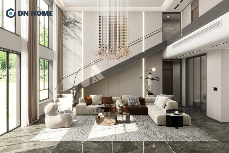 Thiết kế layered lighting là yếu tố làm nổi bật vẻ đẹp tinh tế cho không gian biệt thự hiện đại tối giản