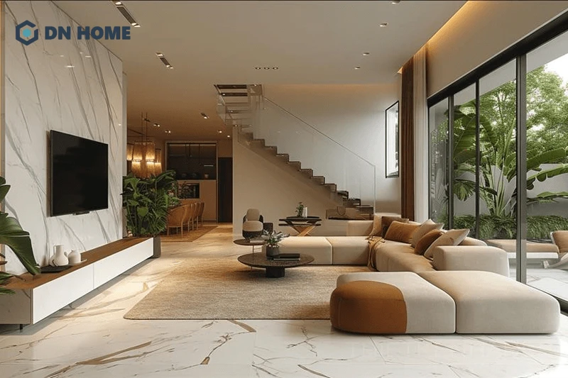 Sự sang trọng, đẳng cấp của không gian biệt thự được thể hiện thông qua việc sử dụng vật liệu cao cấp