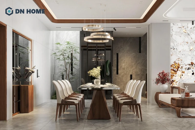 Bề mặt phẳng và đường nét gọn gàng, ít chi tiết là đặc trưng bếp ăn biệt thự hiện đại tối giản
