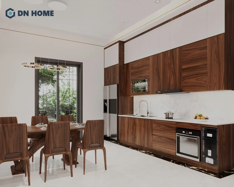 Thiết kế bếp chữ I với hệ tủ bếp kịch trần, giúp tối ưu diện tích không gian hiệu quả