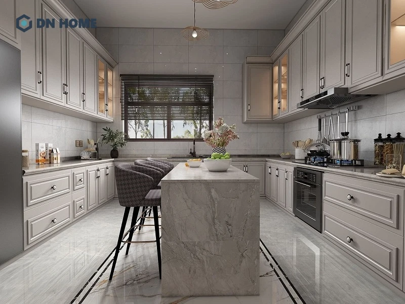 Bàn đảo bếp có thể được sử dụng làm quầy bar mini, thuận tiện cho các buổi ăn nhẹ