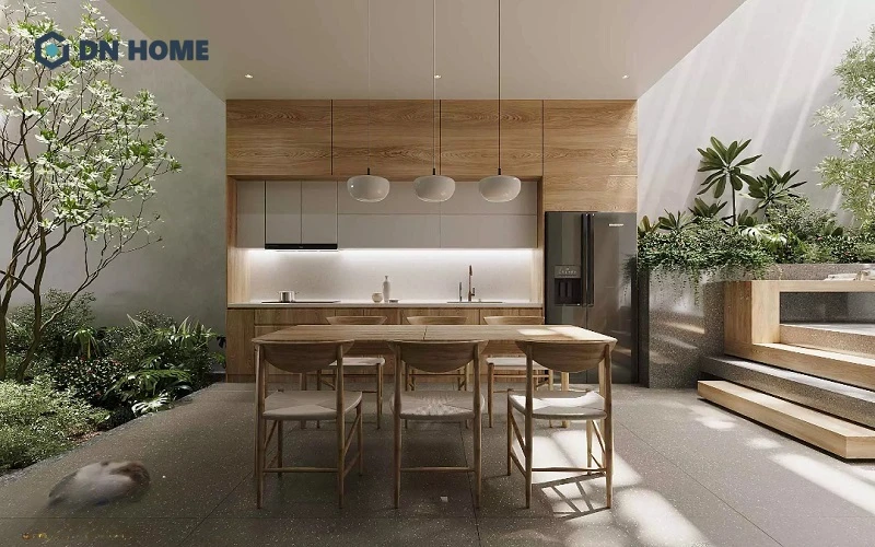 Mẫu thiết kế phòng bếp đơn giản, sử dụng vật liệu gỗ công nghiệp sáng màu tạo nên không gian nấu nướng sang trọng, hiện đại