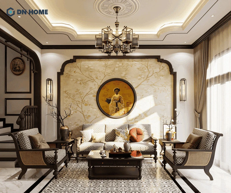 Phòng khách chung cư phong cách Indochine giao thoa giữa nét đẹp truyền thống và hiện đại
