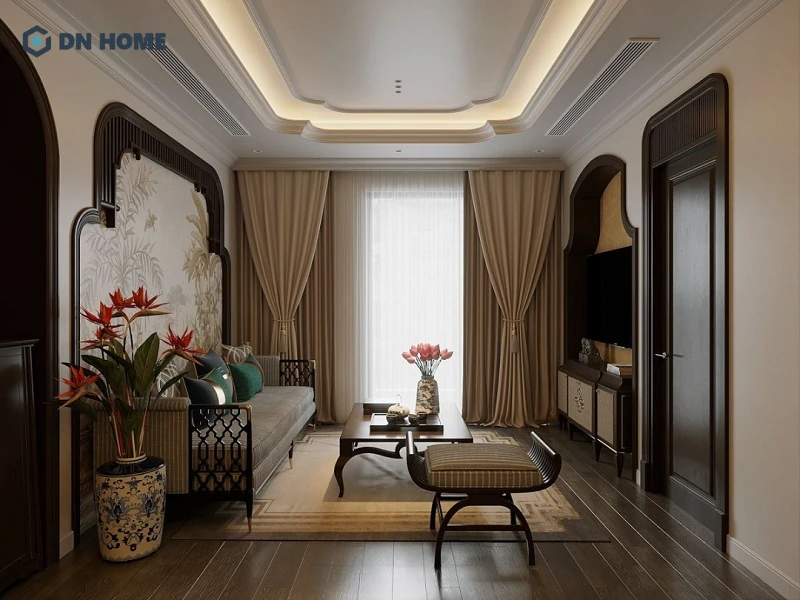 Chung cư phong cách Indochine theo kiểu truyền thống, ấm cúng ưu tiên sử dụng gam màu trầm ấm như nâu gỗ, vàng kem