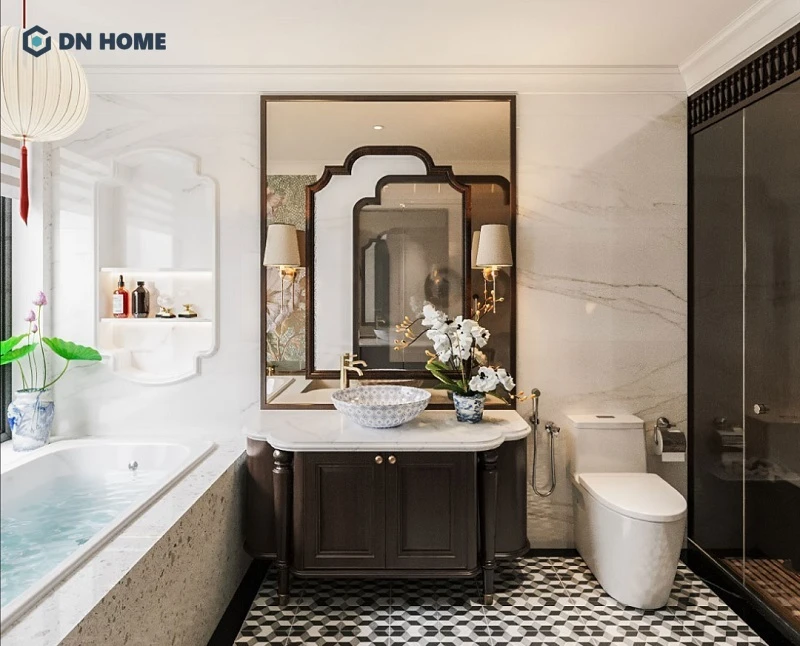 Thiết kế nhà vệ sinh phong cách Indochine đơn giản nhưng vẫn đáp ứng tốt tiện nghi cơ bản