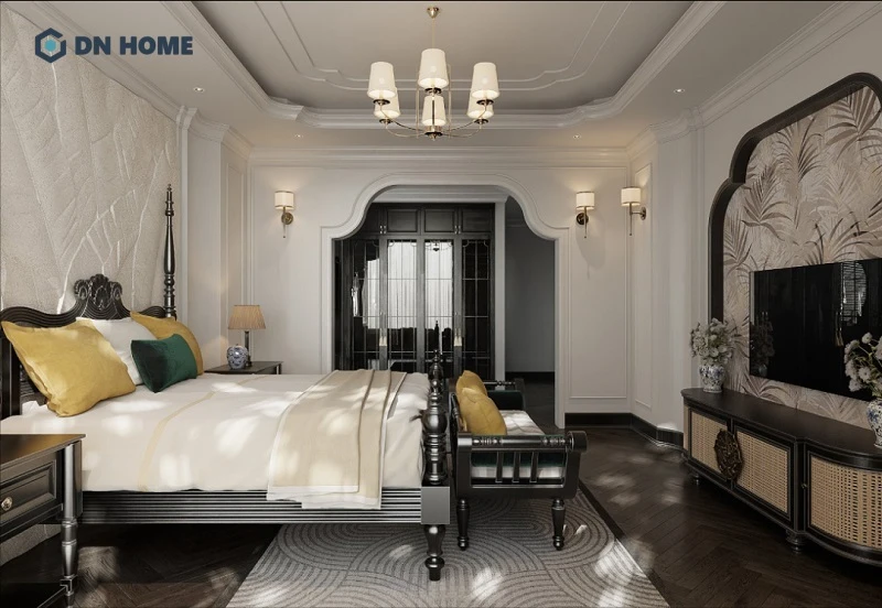 Phòng ngủ Indochine thiết kế tối giản nhưng cũng không thể thiếu các chi đường nét đặc trưng của phong cách