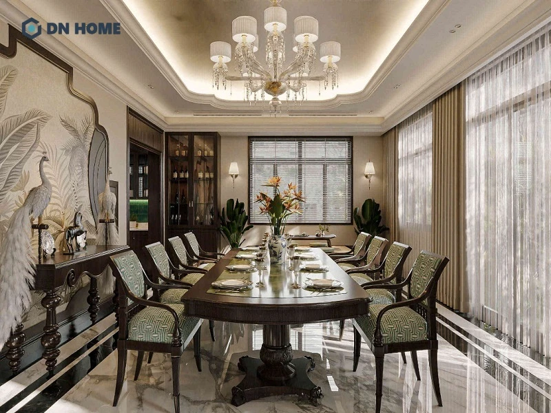 Sắc xanh của phong cách Tropical hiện diện xuyên suốt trong không gian chung cư phong cách Indochine