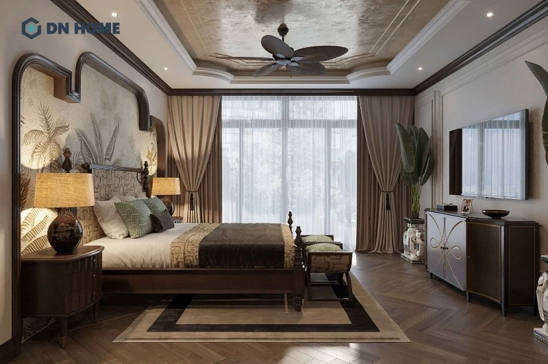 Phòng ngủ Indochine kết hợp Tropical gây ấn tượng bởi phần đầu giường được trang trí bắt mắt