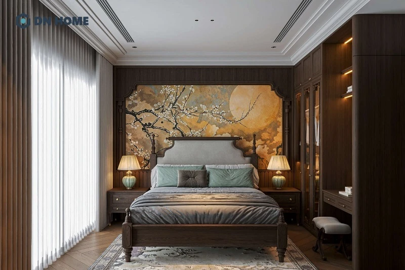 Thiết kế tối giản nhưng vẫn mang đậm chất Indochine thông qua chi tiết trang trí ở đầu giường