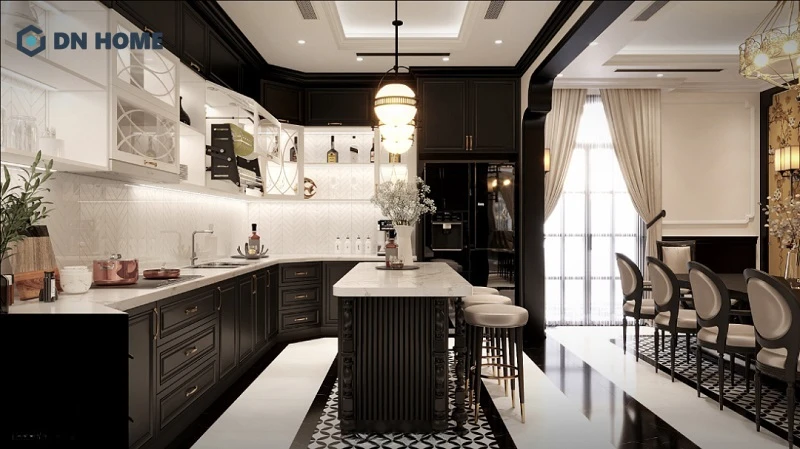 Thiết kế bếp chung cư phong cách Indochine kết hợp hài hoà giữa màu sắc tạo nên tổng thể sang trọng