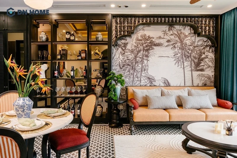 Bảng màu trong chung cư phong cách Indochine xoay quanh các gam màu trung tính, trầm ấm như vàng kem, trắng ngà,...