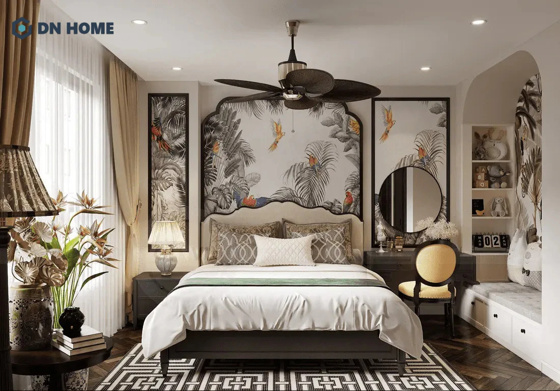 Phòng ngủ chung cư Indochine thường gây ấn tượng mạnh bởi chi tiết trang trí nổi bật, đặc trưng ở phần đầu giường