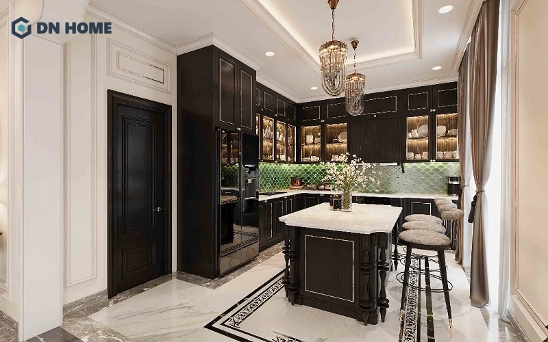 Phòng bếp Indochine ưu tiên thiết kế tối giản nhưng vẫn đảm bảo tốt thẩm mỹ và công năng