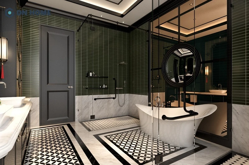 Mẫu nhà vệ sinh phong cách Indochine với đầy đủ các khu vực tiện nghi cơ bản