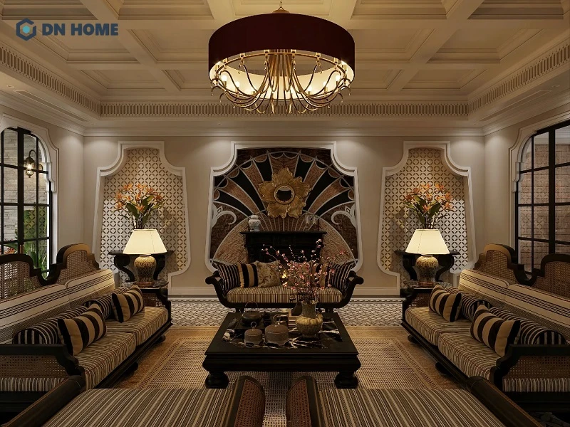Phong cách thiết kế Indochine đặc trưng bởi những họa tiết kỷ hà, hoa sen, tứ linh,...
