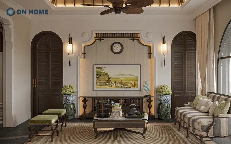 Để tăng chiều sâu văn hoá, không gian Indochine thường được điểm xuyết bởi những chi tiết phù điêu, tượng tròn